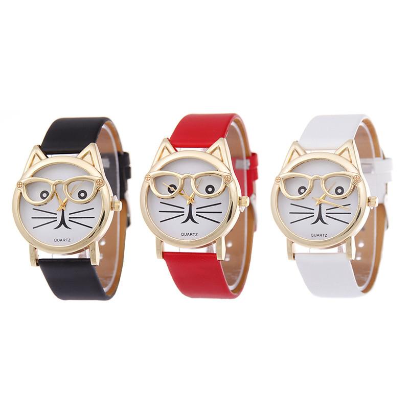 Cat Glasses Face Womens Watch Cartoon Solid Color No Word Gold Frame Daily Wear