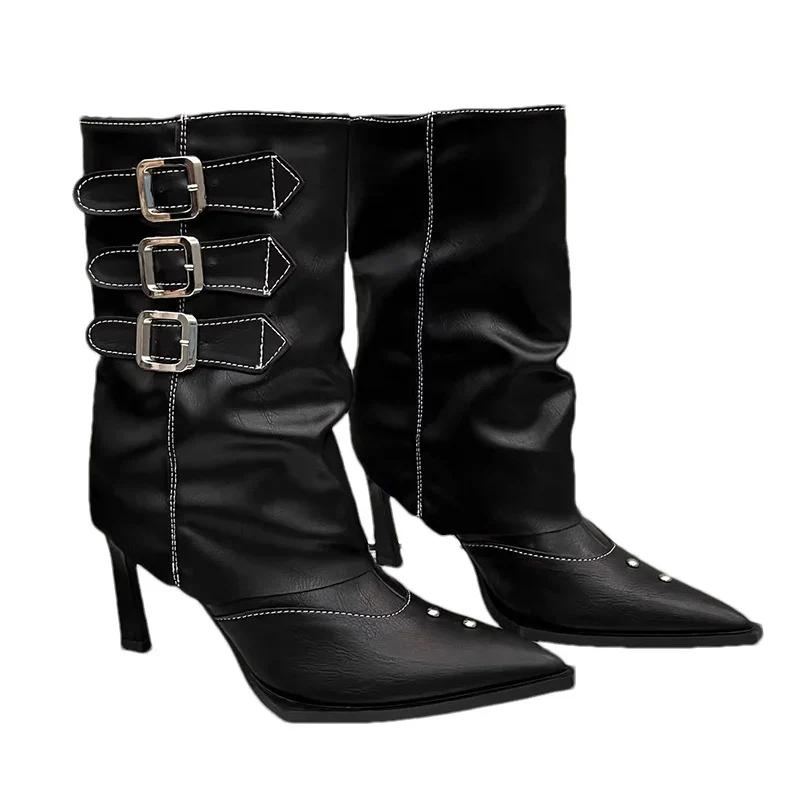 Leder Damen Mid-Calf Stiefel Spitz Sexy High Heels Schuhe 2025 Trend Wintermode Neue Pumps Schnalle Goth Botas De Mujer