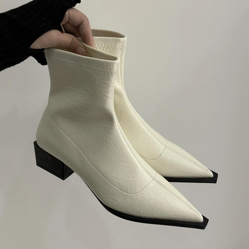 Fashion Sexy Pointed Toe Slip On Chelsea Boots Women 2025 Autumn Fashion Silver Square Medium Heel Ankle Boots Soft Elastic Pu Booties