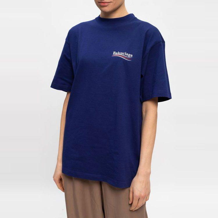 Balenciaga Drop Shoulder Sleeve T Shirt Women's Dark Blue Loose Fit 641655TIV521195