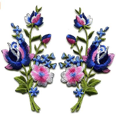 1 Paar Rosa blaue Rosen Paar Blumen Blumengebinde Boho Bestickte Applikationen Aufbügel-Flicken Neu