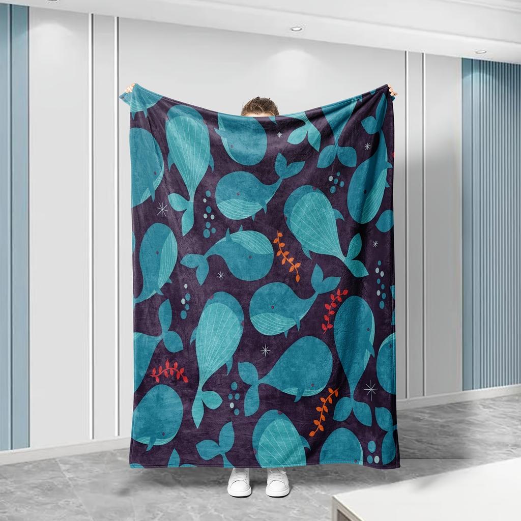 Cozy Ocean-Themed Flannel Blanket with Whales and Fish - Soft, Breathable Polyester, All-Season Use, Perfect Gift for Family and