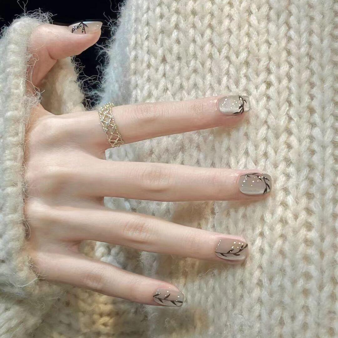 

Накладные ногти ручной работы в продвинутом китайском стиле - дизайн «Ивовый лист» для весны и лета M - Glue Type