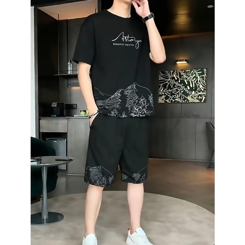

Men s Casual 2pcs Set: Crew Neck Short Sleeve T-Shirt & Drawstring Shorts - Breathable XXL