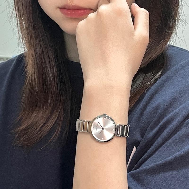 Calvin Klein Quartz Watch Stainless Steel Strap Pink Dial Gift Box Simple Small Rhinestone Watch Women watches silver 25200138