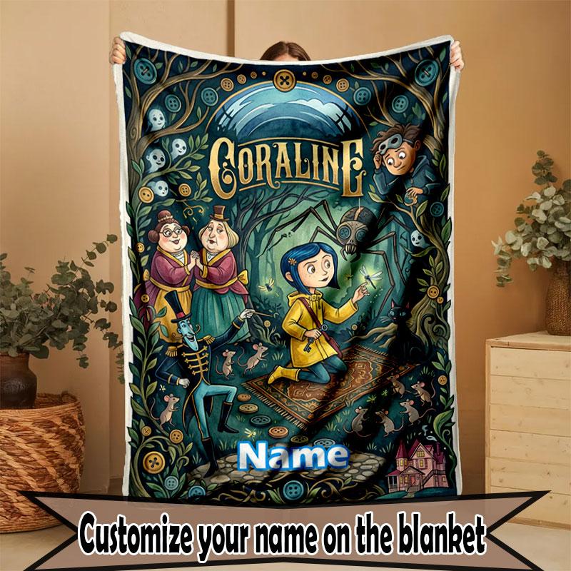 Custom Name Personalized Coraline Print Blanket, Home Decor, Bedroom, Sofa, Camping, Couch, Gifts for Birthday Christmas