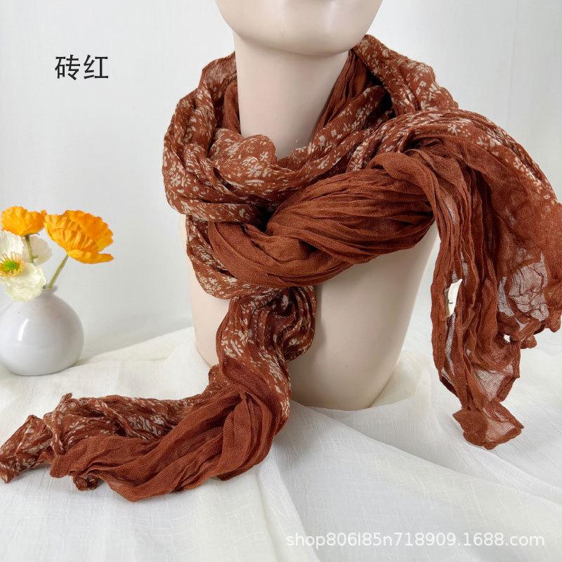 Women's Cotton and Linen Scarf Printed Pleated Scarf Vintage Scarf Small Floral Scarf