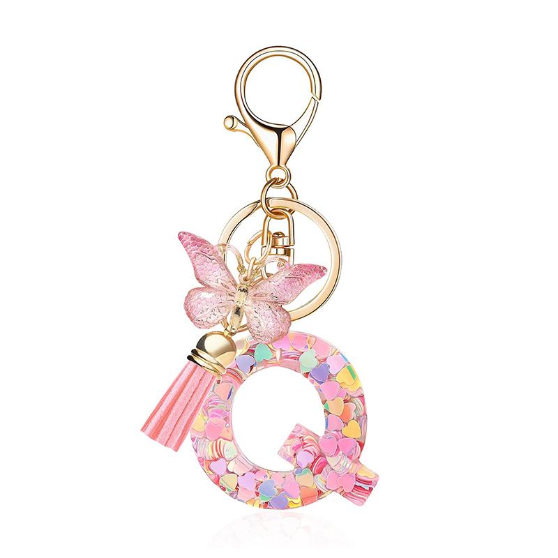 Pink Letter Keychain Heart Sequin Butterfly Tassel Keychain  Epoxy Pendant Accessory For Women
