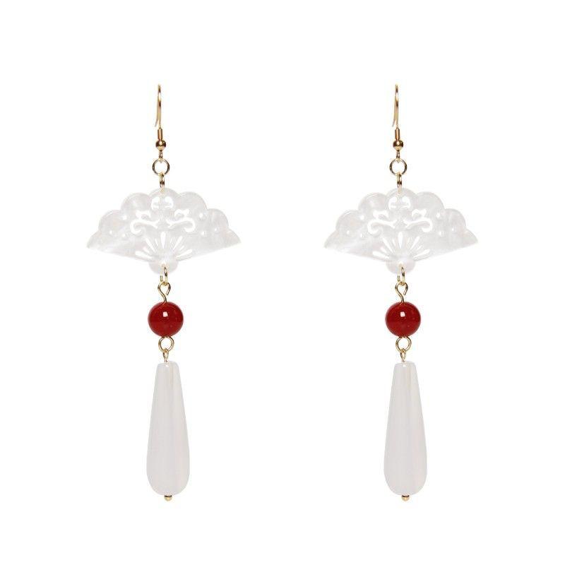 Pendientes Retro Chinos con Forma de Abanico Imitación Jade con Colgantes de Gota de Agua