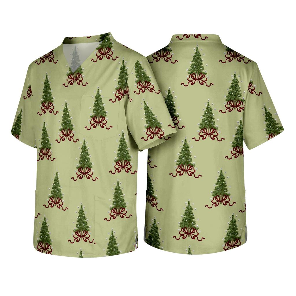 Men's Christmas Theme Caregiver Uniform, Holiday Scrub Top for Nurses and Workers