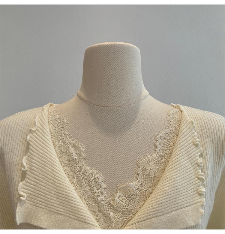 French Lace Patchwork V-neck Knit Cardigan for Women - Slim Fit Autumn/Winter Top