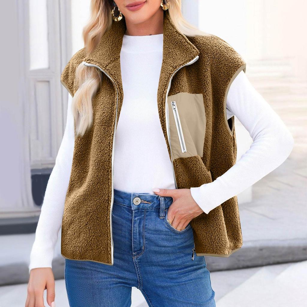 Women's Color-Block Vest Relaxed Fit Warm Casual Sleeveless Jacket