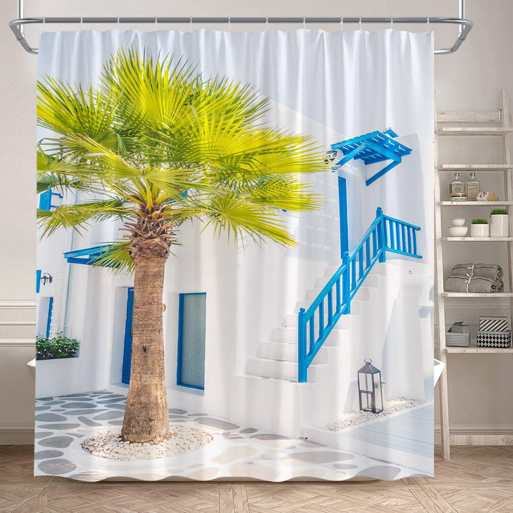 Seaside Townscape Shower Curtain Mediterranean Blue White Architectural Natural Flowers Ocean Polyester Bathroom Curtains Decor