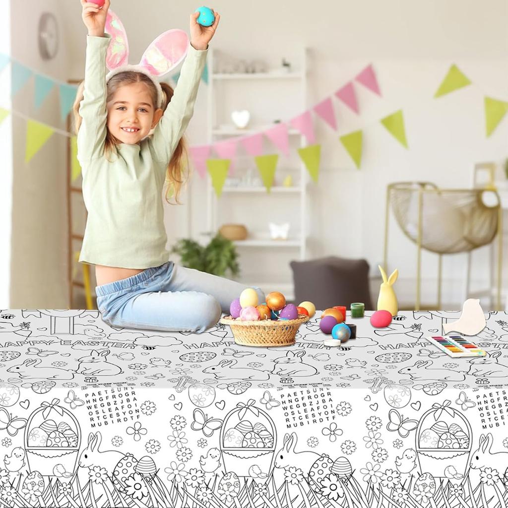 Bunny Easter Childrens Doodle Tablecloth Disposable DIY Paper Table Cover Eco Friendly Party Table Protector Kids Craft Activity