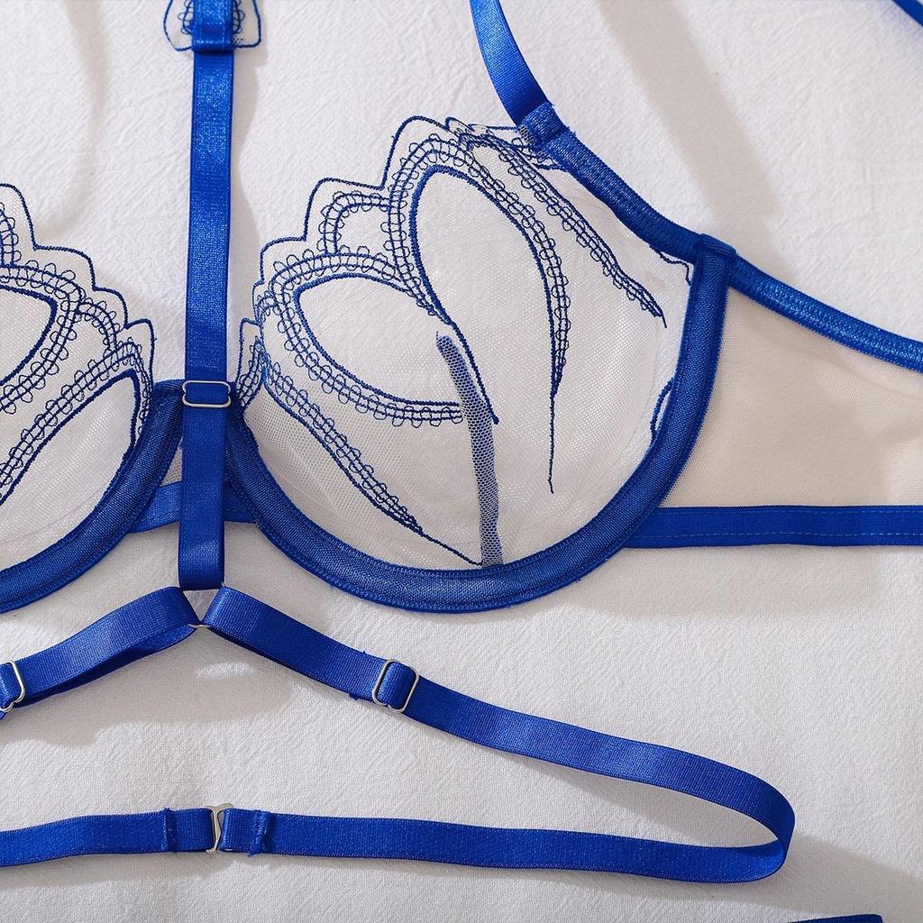 Set Sexy da Donna Blu Modellante Rete Ricamata con Ferretto Sostegno Scollatura a Collo Alto Set Lingerie Sottile Traspirante Set Reggiseno Push-Up