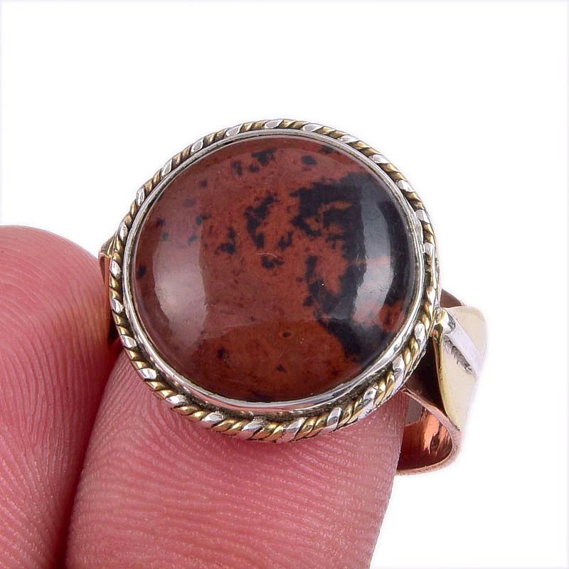 

Natural Mahogany Red Obsidian Gemstone TwoTone 925 Sterling Silver Ring S.9 m1r42