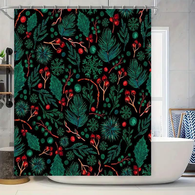 

Modern Christmas Shower Curtain with Greenery Red Berries Black Bath Decor for Holiday Season 3D Printed Fabric Waterproof Home 90x180cm