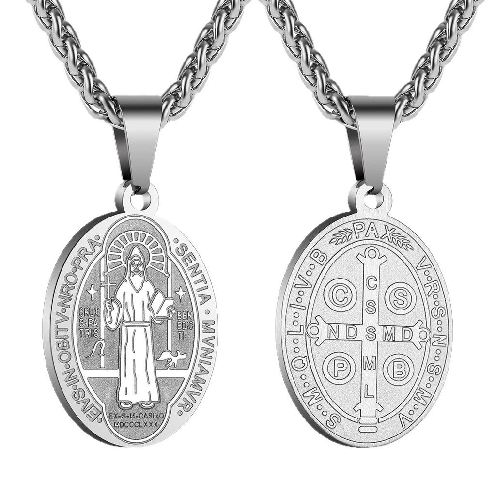 Stainless Steel Saint Benedict Medal Pendant Necklace