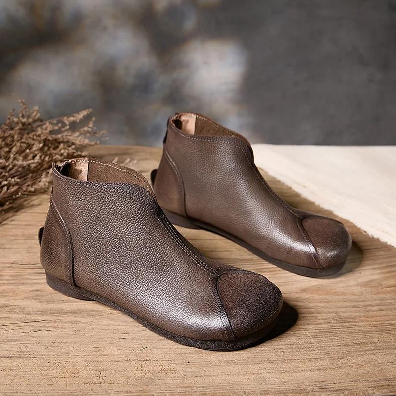 Johnature Bottines plates rétro en cuir véritable à bout rond et semelle souple, chaussures polyvalentes pour femmes