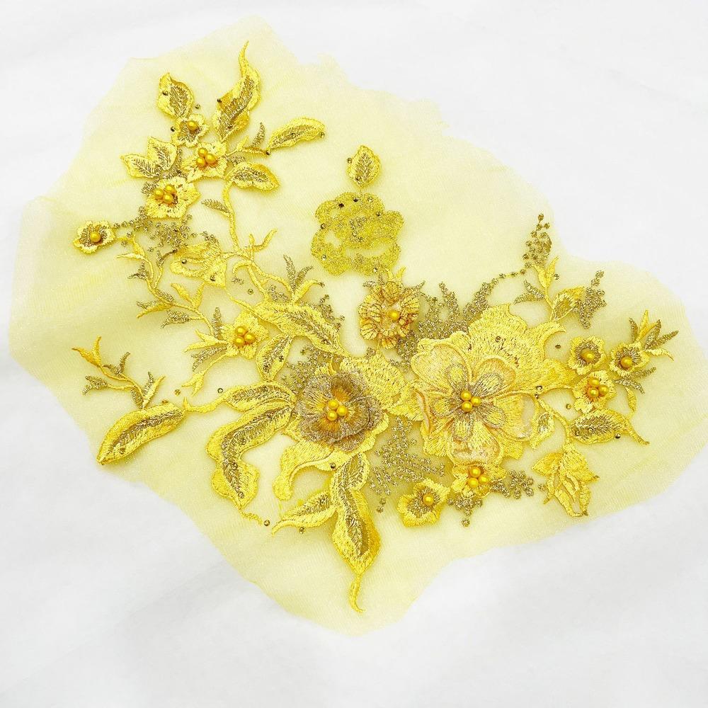 Colorful Sequined Sewing On Patches Flower Lace Beaded Lace Applique  Bridal Dress