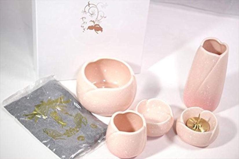 Yawaragi 5-Piece Buddhist Altar Accessories Set, Medium, Sakura (Incense Burner, Teacup, Candle Holder, Buddhist Vessel, Vase) Includes a Small
