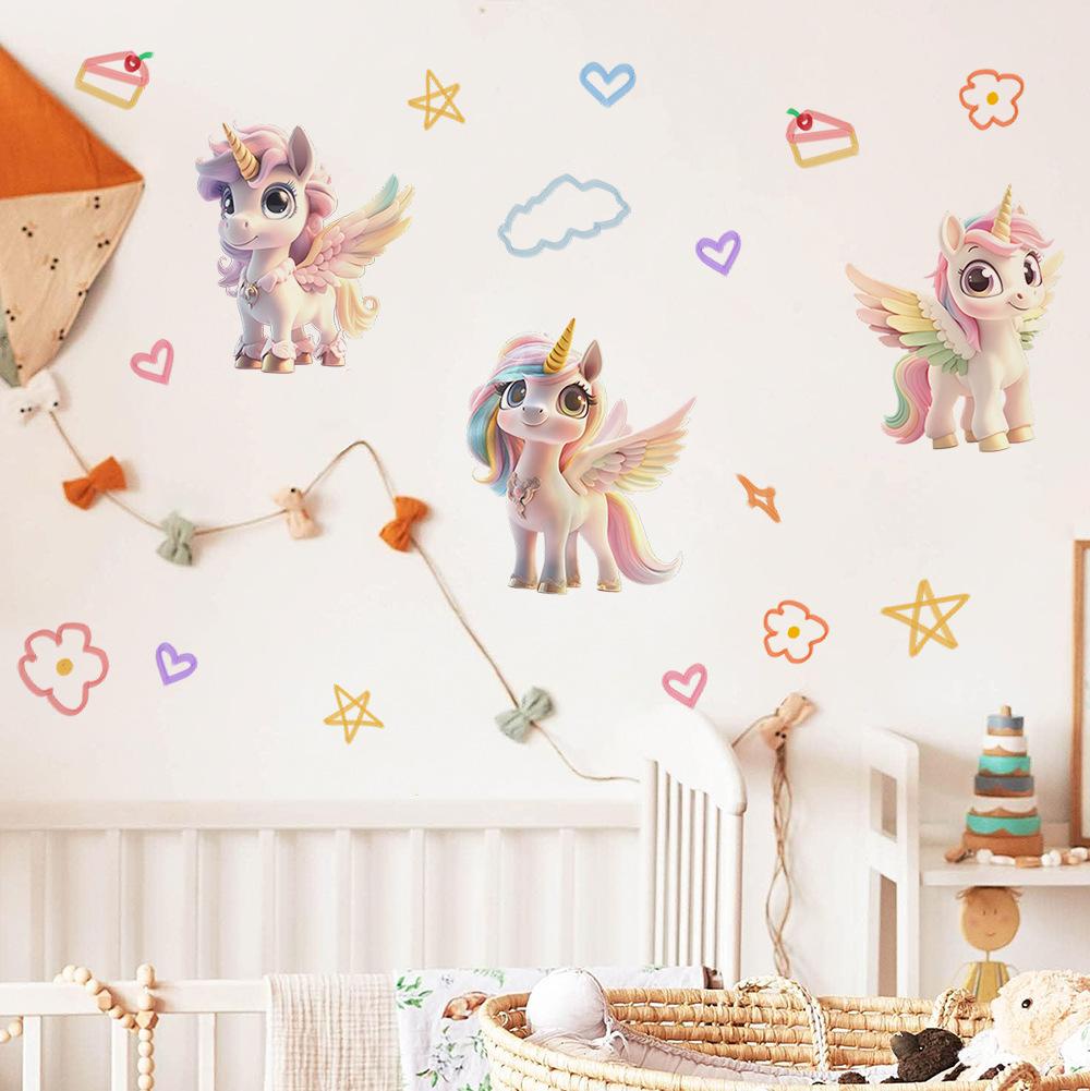 Cute Unicorn Cartoon Wall Sticker Kids Room Bedroom Wall Decoration Creative Self-Adhesive Wall Art