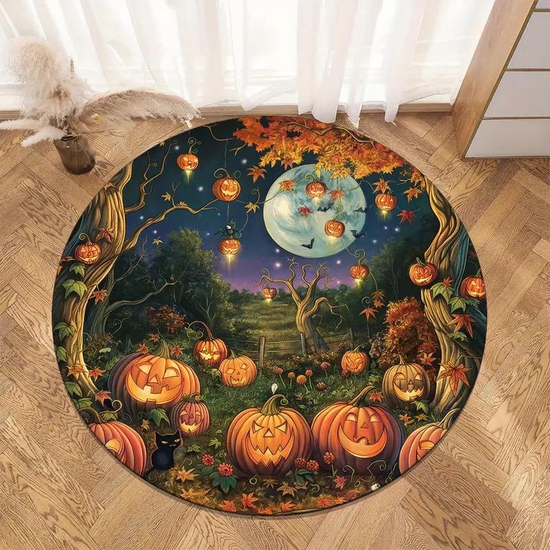 Halloween Pumpkin Print Round Carpet Rug for Living Room Bedroom Children's Room Kids Play Non-slip Floor Mat Halloween Gift