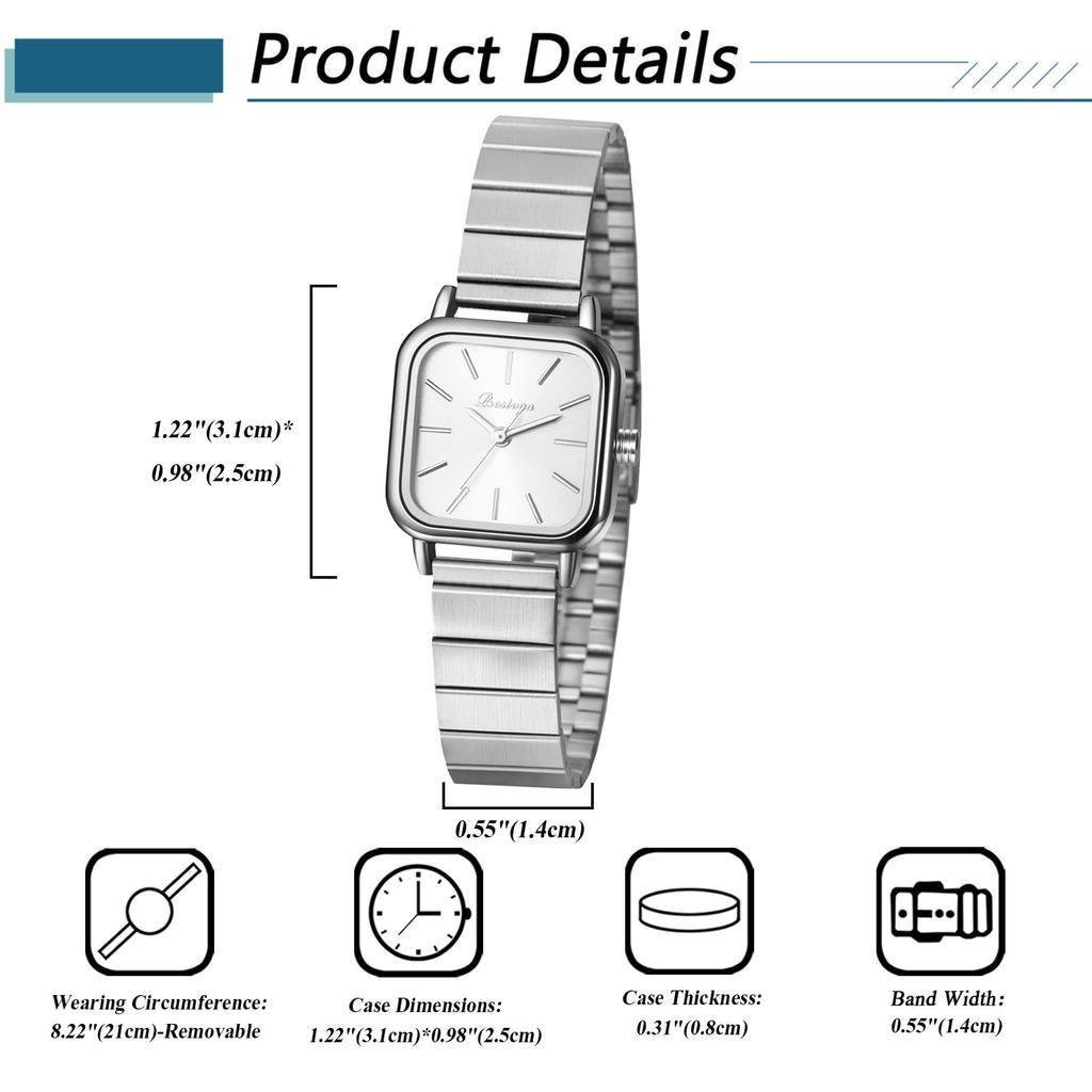 Cute Square Stainless Steel Strap with Adjustable Quartz Fashion Watch Perfect for or as a Gift for Her Women's Watch, Waterproof Length, Movement, -