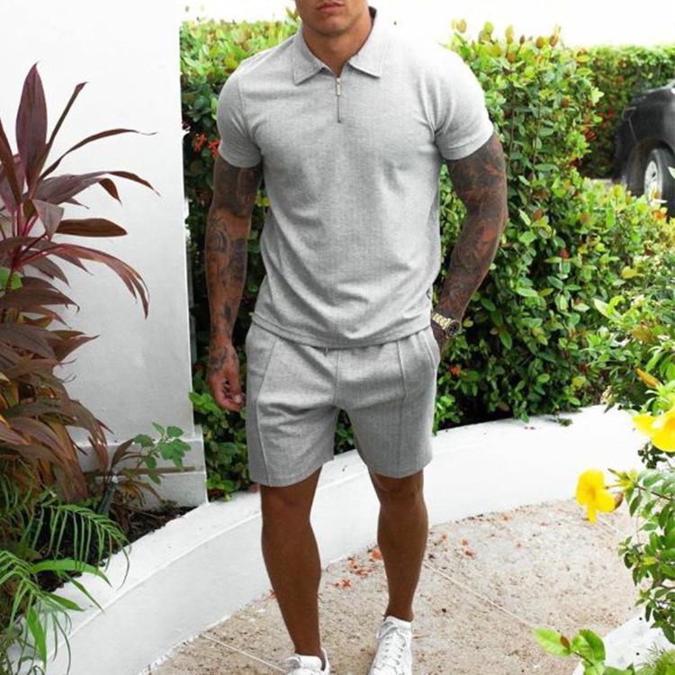 New Men s Short-sleeved Shorts Casual Suit Slim Men s Two-piece Fashion Solid Colour POLO Shirt Body Suit M серый