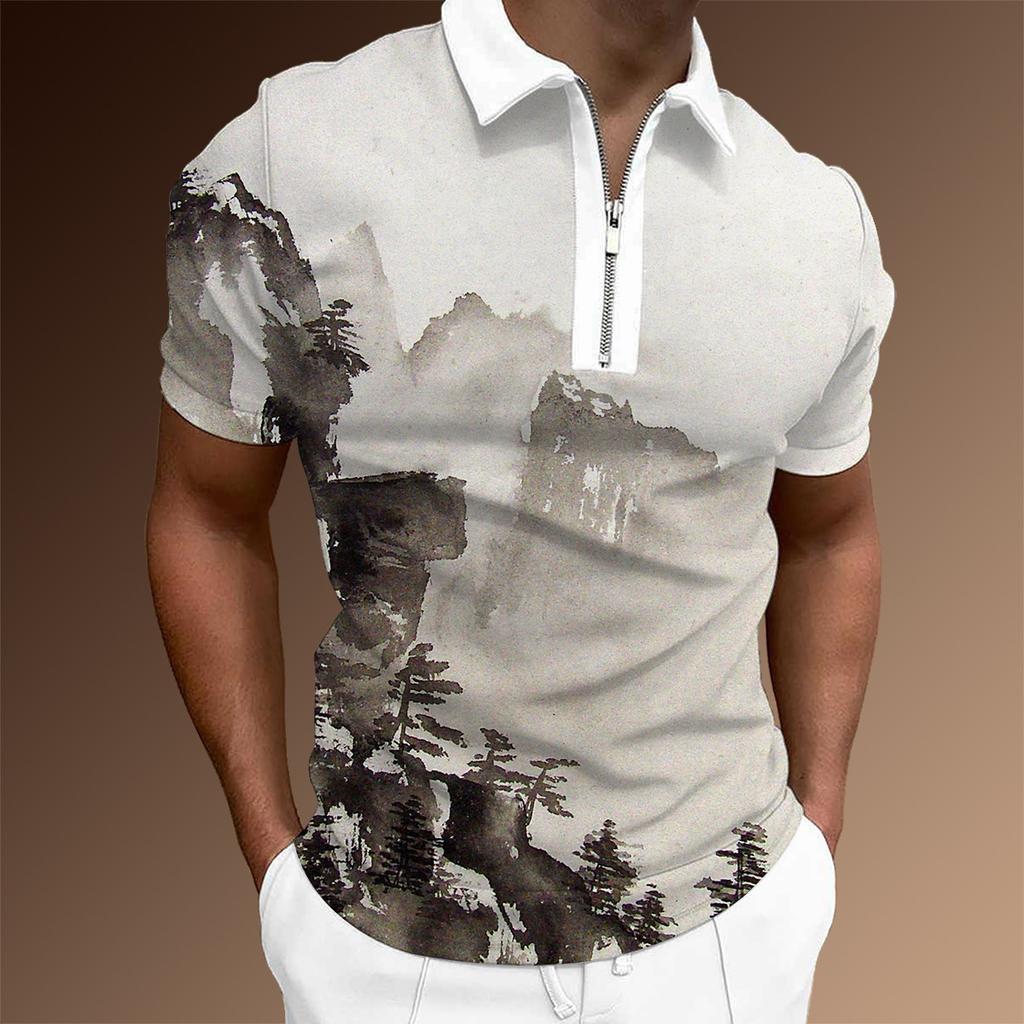 Futuristic Lion Print Short Sleeve Zip Polo, Stylish Casual Top