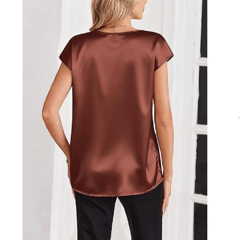 Women Summer T-shirts V-neck Short Sleeve Satin Tee Tops Ladies Casual Top Shirt