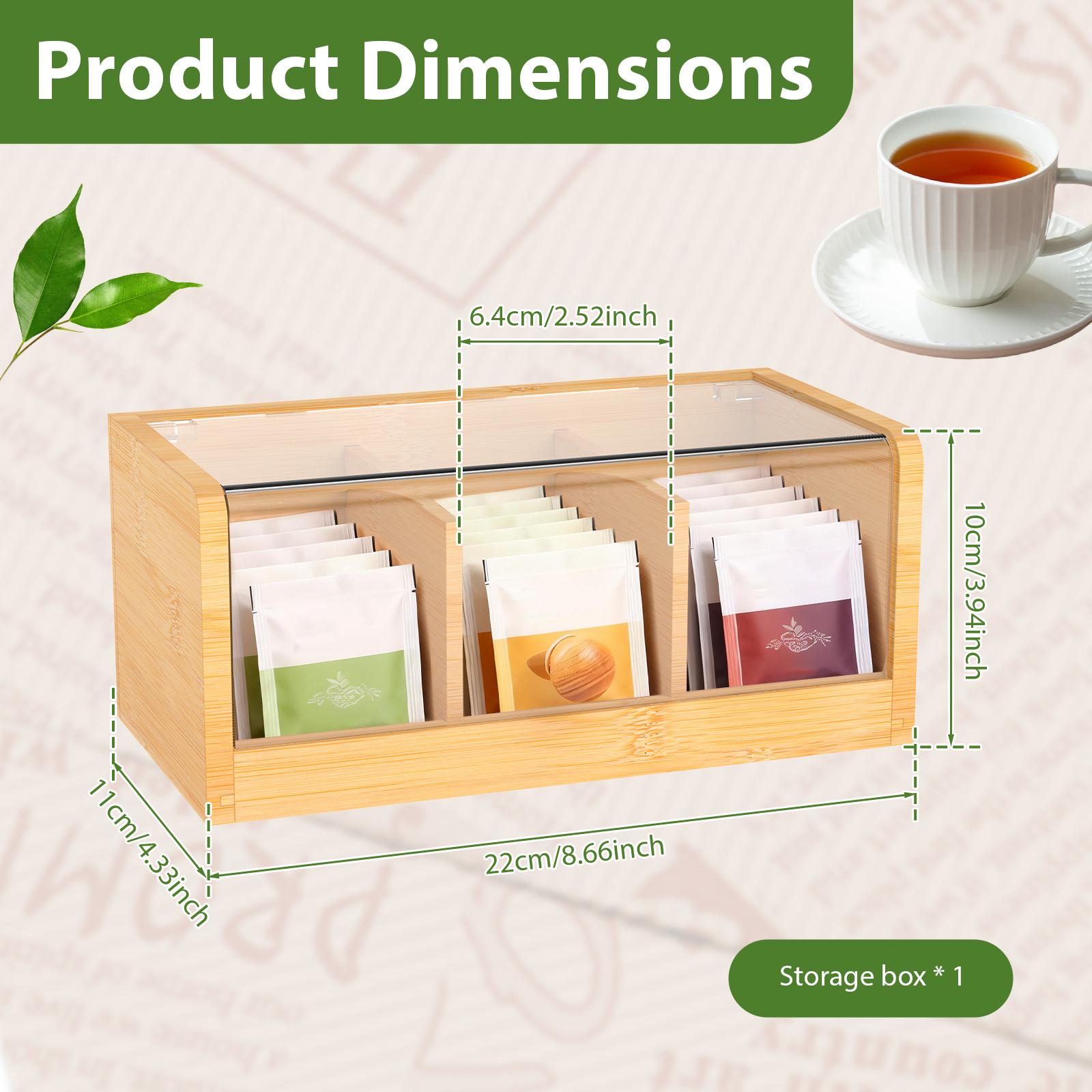 

3 Compartment Tea Bag Storage Box Bamboo & Acrylic Tea Box with Transparent Lid Decorative Tea Bag Holder for Home Office Pantry