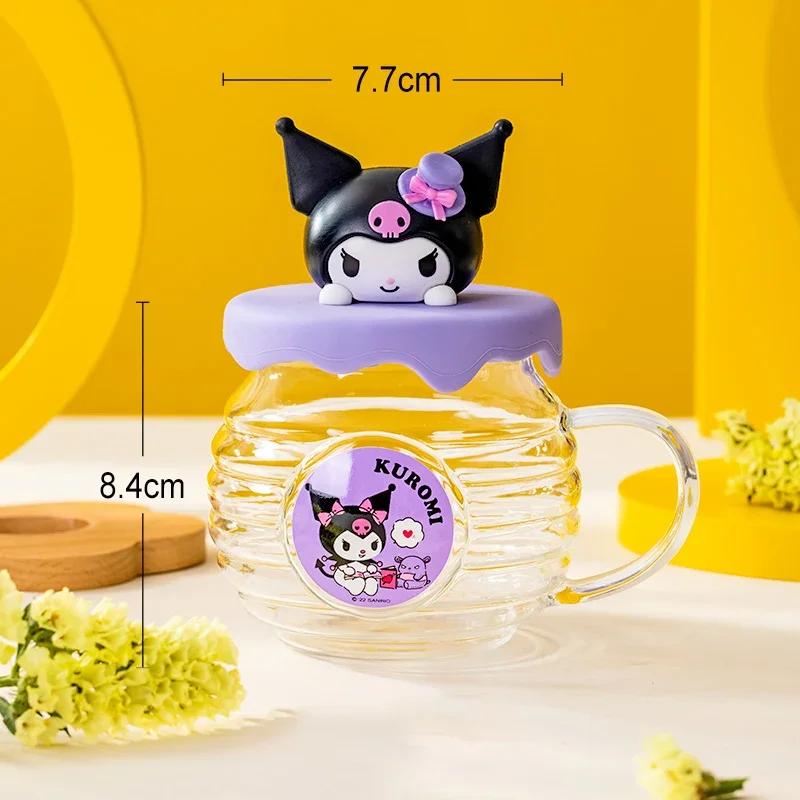 For Sanrio Hello Kitty Kuromi Melody Glass Cup Honey Cant-Shaped Water Cup for Kids 420ml Coffee Mug with Cartoon Silicone Lid
