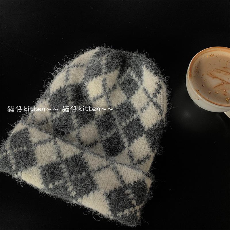 [Cat kitten] Rhombus wool hat, black and white striped knitted hat, big head circumference, small face, cold hat one size fits all and stretchy