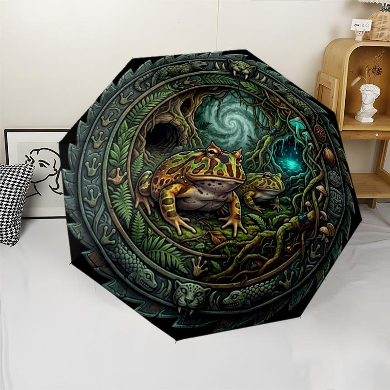 Jungle Frog Forest pattern umbrella, portable and foldable design, 8 ribs, a casual accessory for Halloween, Christmas, and birthday gifts.