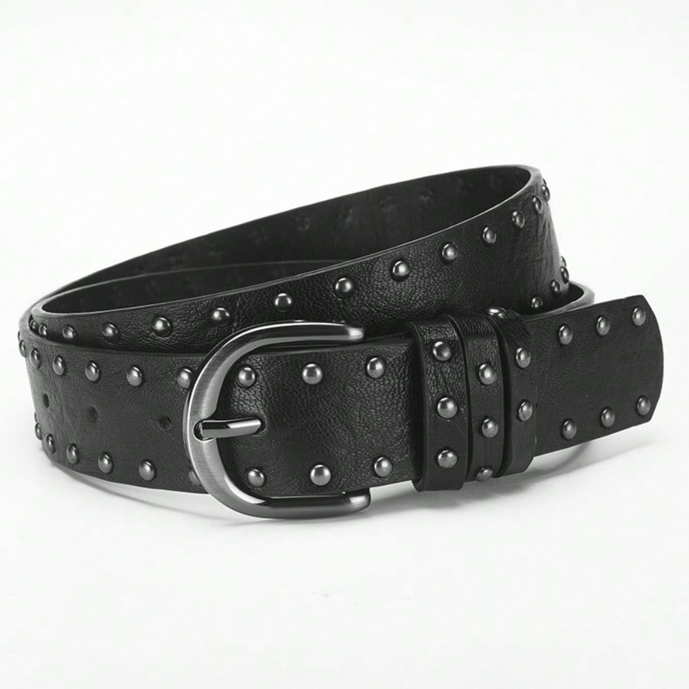 Double row rivet pin buckle women's belt retro punk decorative jeans fashion European and American style black