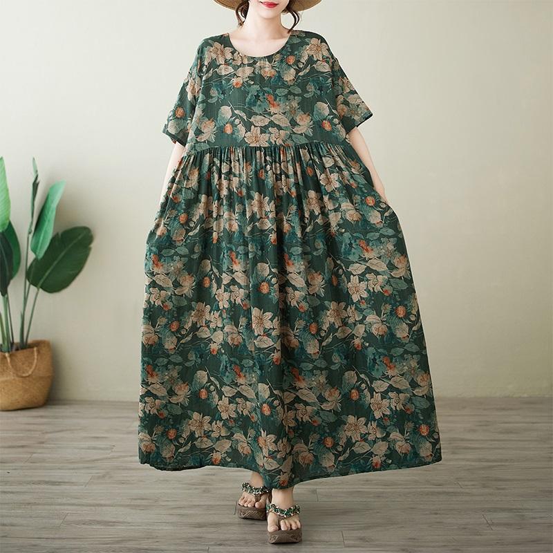 

Новое хлопковое платье больших размеров с коротким рукавом и цветочным принтом для женщин, повседневное свободное длинное летнее платье