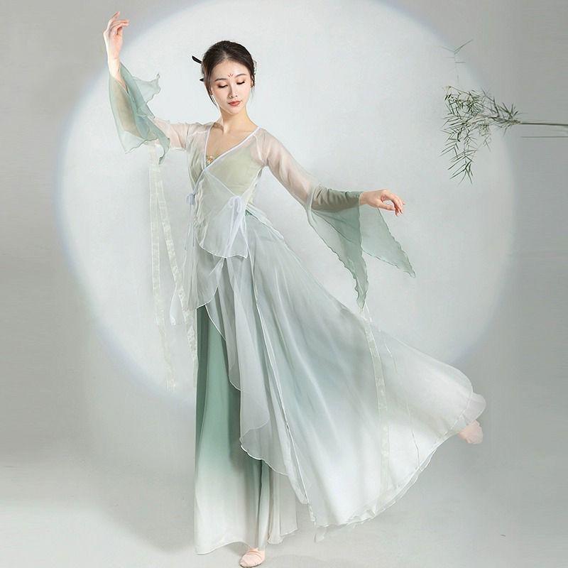Klassisches chinesisches Tanzkostüm-Set mit fließendem Gazerock und Oberteil