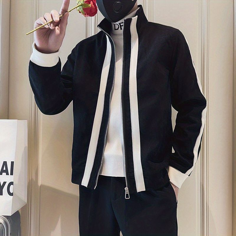 

Модные куртки на молнии со стойкой воротником, мужская одежда, весна-осень, повседневные, контрастные цвета, пэчворк, корейские пальто с длинным рукавом XXXL чёрный