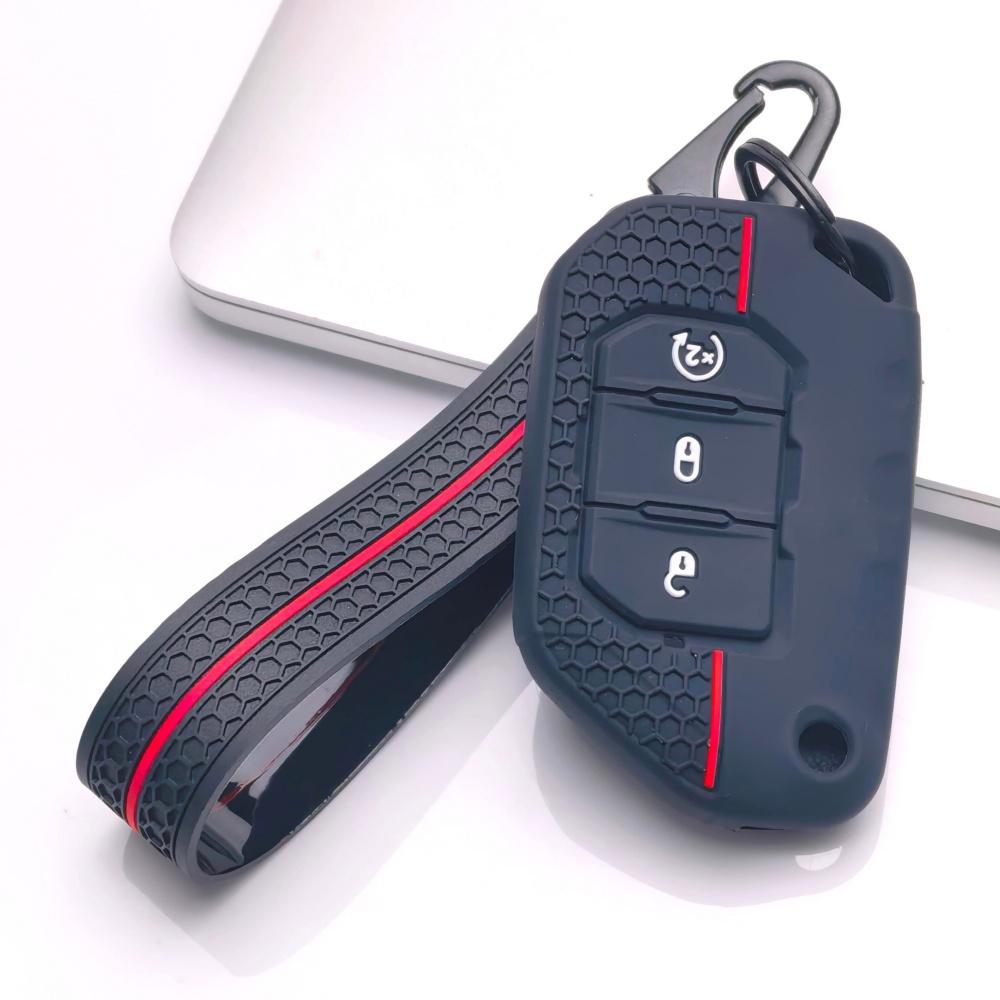 Silicone Key Fob Cover with Matching Keychain Compatible with Jeep Wrangler JL Gladiator JT 2018 2019 2020 2021 2022 2023 3 Button Smart Remote Key