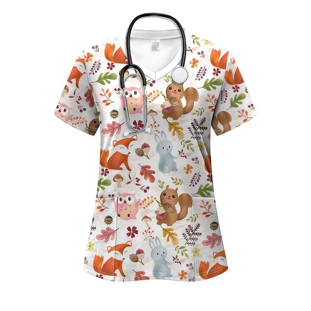 Surgical Gown Women's 3D Printed Nurse Top Summer Fashion V-tie Pocket Short Sleeved Women's Medical Gown