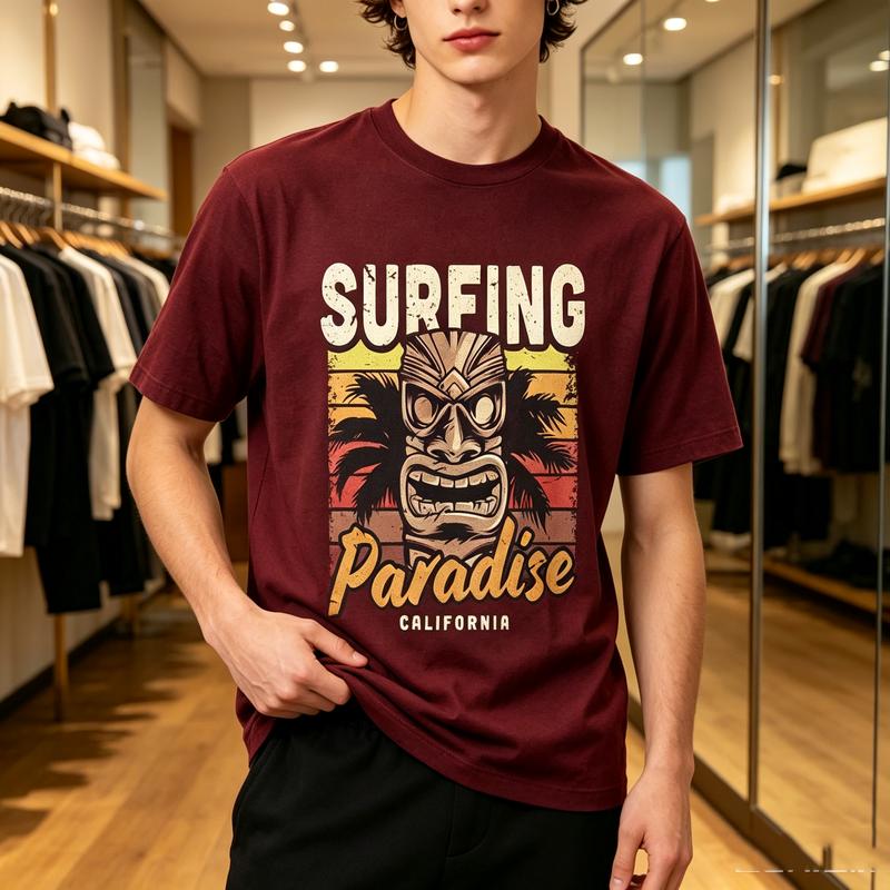 Surfing Paradise California Tiki Mask Palm Tree Vintage Graphic T Shirt Unisex Unisex Cotton Short Sleeve Tee Beach Surf Casual