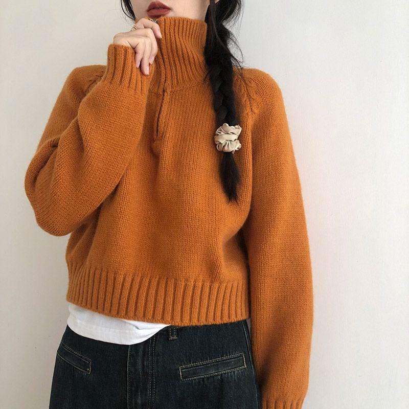 Women's Short-Length Korean-Style Half-Zip High Neck Sweater Autumn Winter Loose Lazy-Style Thickened Knitted Top