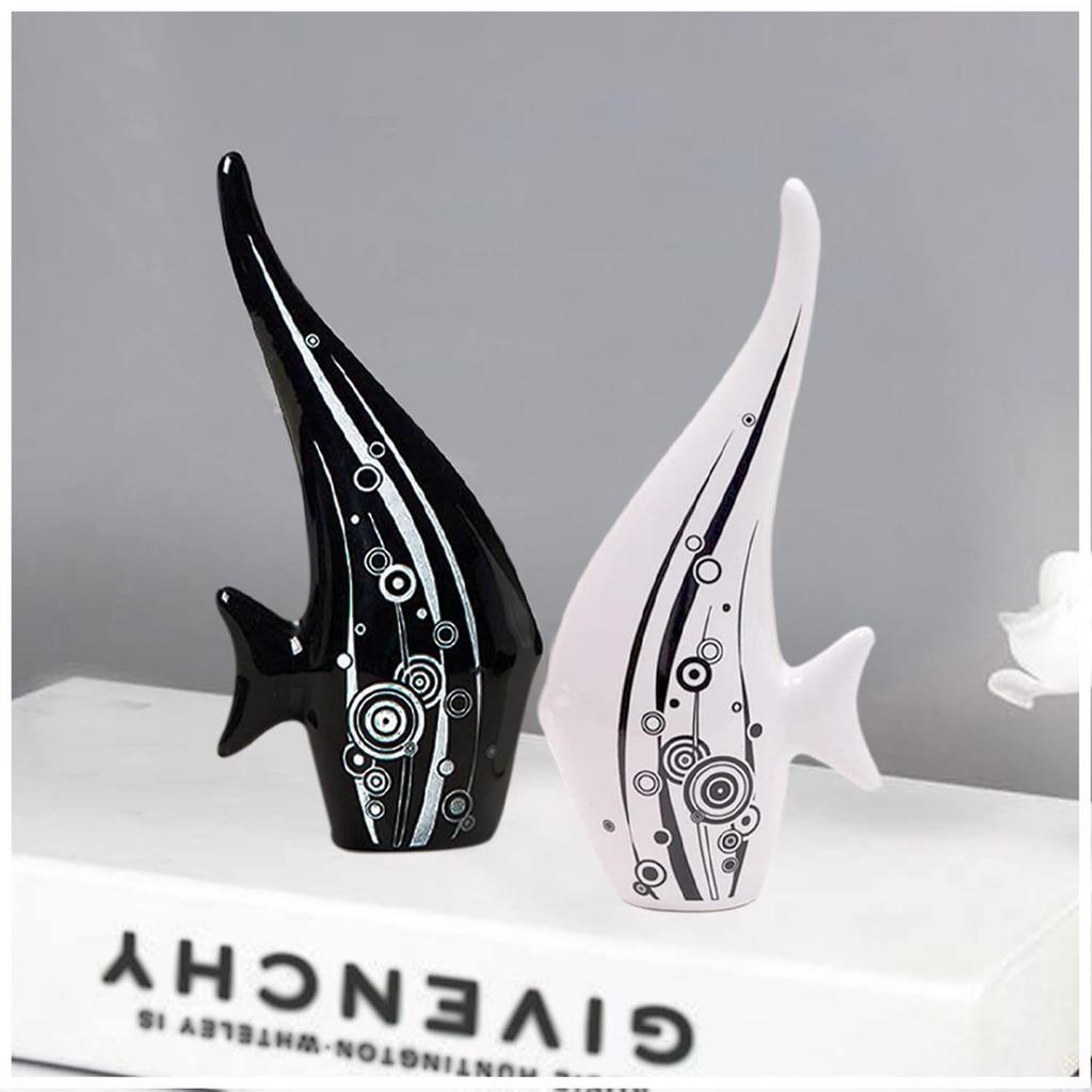 Modern Minimalist Black and White Bubble Fish Art Figure | Beautiful Home Decor- (Set of 2 Pc)