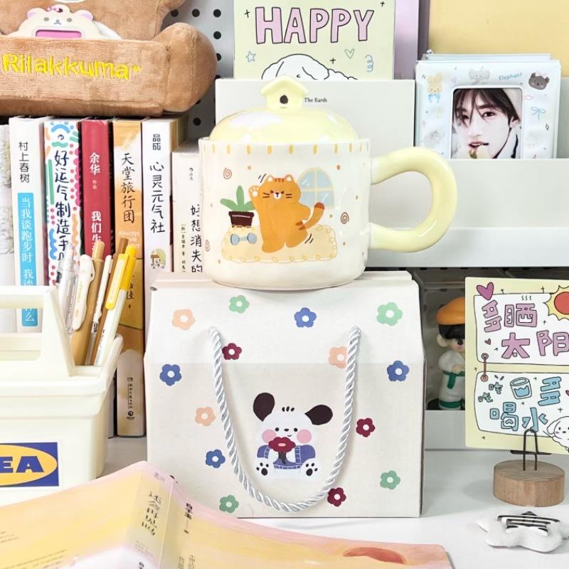 Cupa ceramică pisică drăguță de desene animate cu capac cuplu băiat și fată cană de birou cupă de băut cadou de ziua de naștere