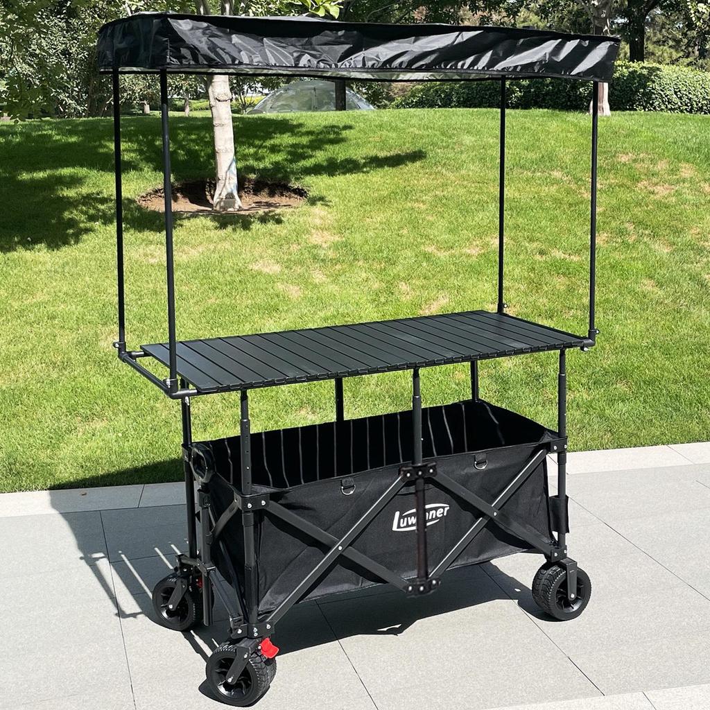 Adjustable Folding Handcart with Umbrella, Elevated Canopy & Table Top for Street Stalls or Camping.