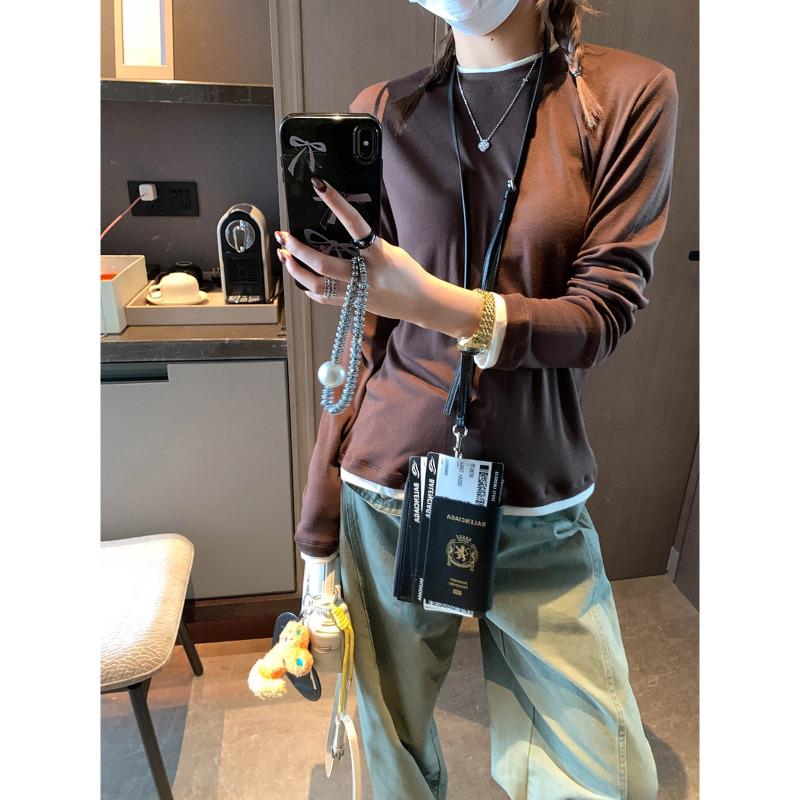 Mochie Spring Tencel Wool Color Block Faux Two-Piece T-Shirt Base Layer MQ1096 Medium кофейный