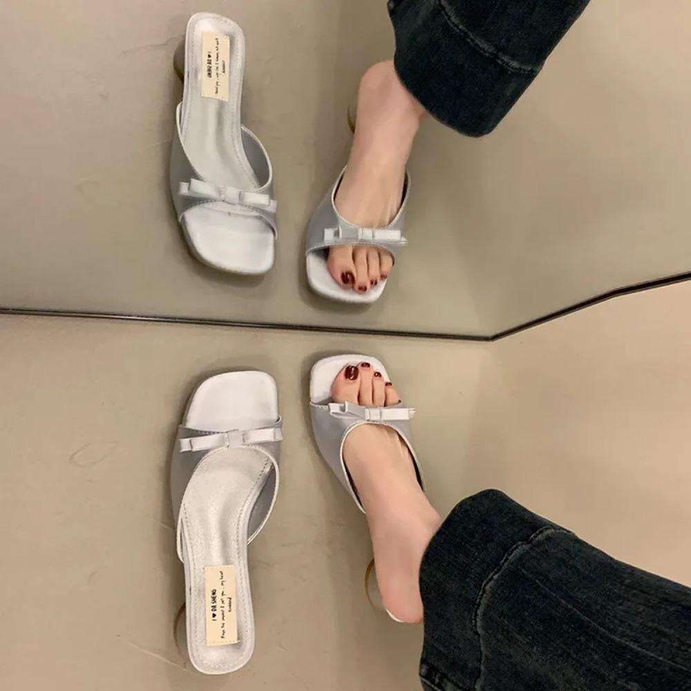 Fashion designer High Heel Open Toe Slippers for Women Wearing Bow Tie Outside Square Head Heel Slippers for Sandal  Brand