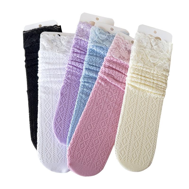 Ladies Spring and Summer Thin Diamond Lace Hollow Tube Socks