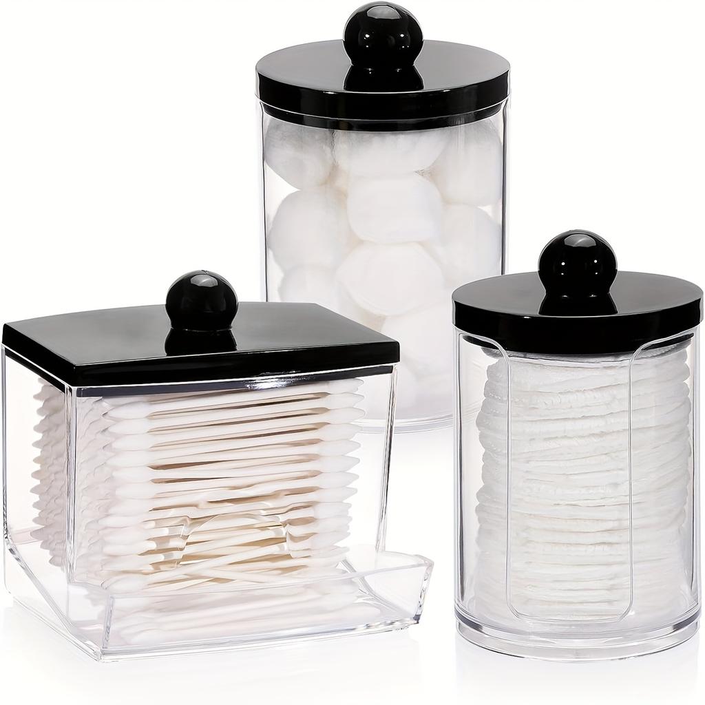 3 Pack Bathroom Organizers and Storage Containers Qtips Holder Dispenser Plastic Apothecary Jars with Black Lids for Cotton